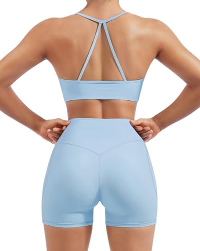 SUUKSESS Women 2 Piece Workout Sets Padded Halter Sports Bras High Waisted Biker Shorts with Pockets