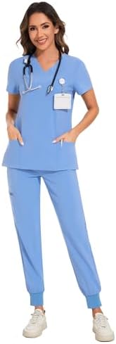 COZYFIT Scrubs for Women Set - Stretch V-Neck & Jogger Pant with 9 Pockets