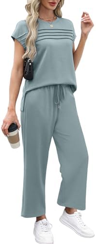 WIHOLL Two Piece Sets for Women Summer Spring Travel Vacation Outfits Cap Sleeve Lounge Matching Sets Wide Leg Pants S-3XL