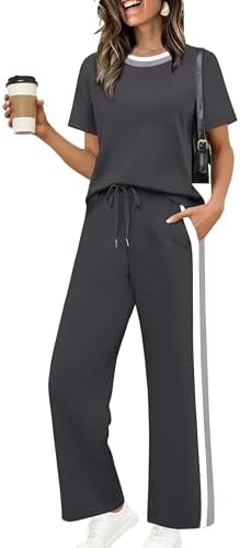 WIHOLL 2 Piece Lounge Sets for Women Matching Set Summer Outfits Short Sleeve Tops Wide Leg Pants with Pockets