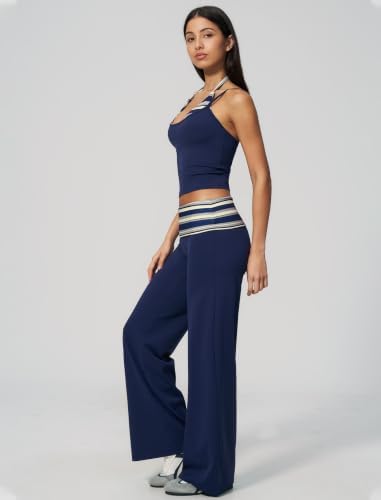 QBGJTD Womens Workout Sets Two Piece Striped Tank Top Wide Leg Yoga Pants Yoga Pilates Outfits