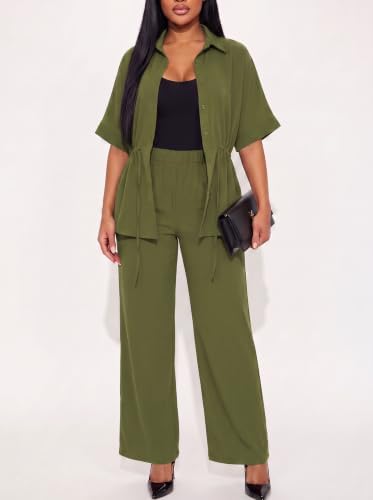 Two Piece Sets for Women Dressy Shirt Top Flared Pants Business Pantsuits