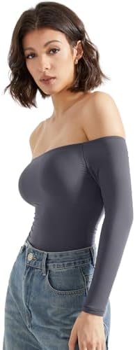 SUUKSESS Women Off Shoulder Long Sleeve Bodysuits Double Lined Basic Tops