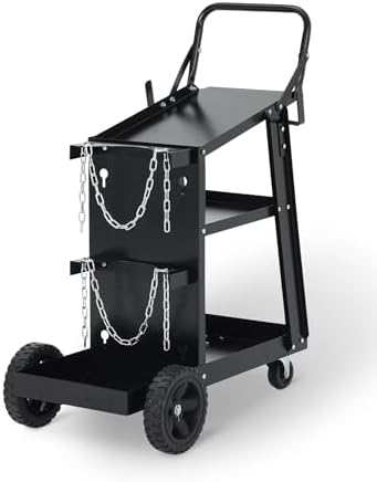 Garvee 3 Tier Welding Cart, Heavy Duty Welder Cart with 360° Swivel Wheels, Tank Storage Safety Chains, Rolling MIG Welder Cart for TIG, ARC, MMA, Plasma Cutter Welding Machine, Black