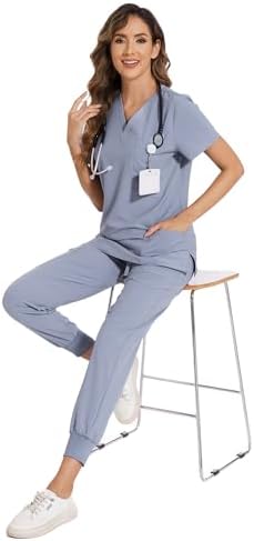 COZYFIT Scrubs for Women Set - Stretch V-Neck & Jogger Pant with 9 Pockets
