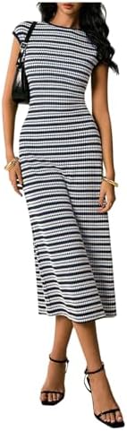 SOLY HUX Women's Striped Midi Dress Casual Work Knit Bodycon Summer Dresses
