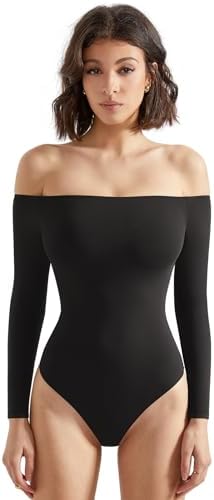 SUUKSESS Women Off Shoulder Long Sleeve Bodysuits Double Lined Basic Tops