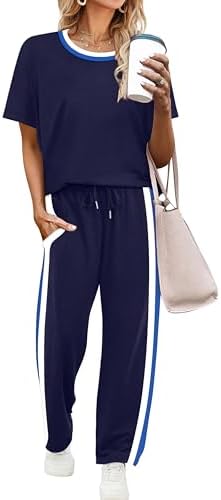 WIHOLL 2 Piece Lounge Sets for Women Matching Set Summer Outfits Short Sleeve Tops Wide Leg Pants with Pockets
