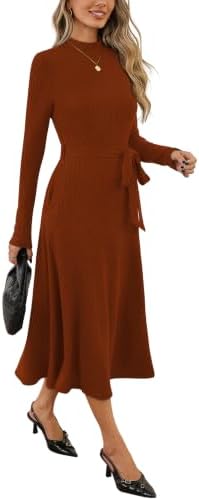 OFEEFAN Long Sleeve Dress Mock Neck Tie Waist Ribbed Knit Midi Dresses Fall Outfits