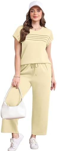 WIHOLL Two Piece Sets for Women Summer Spring Travel Vacation Outfits Cap Sleeve Lounge Matching Sets Wide Leg Pants S-3XL