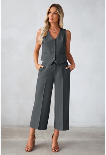 luvamia Vest Pant Suits for Women Dressy Wide Leg 2 Piece Sets Work Outfits