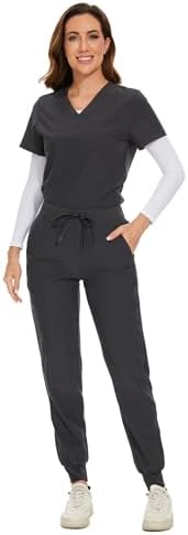 COZYFIT Scrubs for Women Set - Stretch V-Neck & Jogger Pant with 9 Pockets