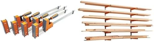 Bora 4-Piece Parallel Clamp Set 571550I & Wood Organizer and Lumber Storage Metal Rack with 6-Level Wall Mount – Indoor and Outdoor Use, In Orange | PBR-001