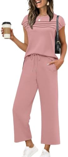 WIHOLL Two Piece Sets for Women Summer Spring Travel Vacation Outfits Cap Sleeve Lounge Matching Sets Wide Leg Pants S-3XL