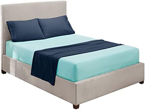 Nestl Twin XL Sheets Set - 3 Piece XL Twin Bed Sheets, Extra Soft Double Brushed Bedding for Adjustable Bed, 2 Tone Aqua/Navy Set, Aqua Fitted Sheet, Navy Flat Sheet, Navy Pillow Case