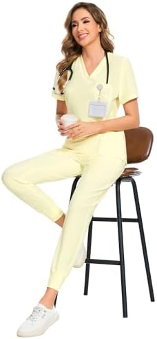 COZYFIT Scrubs for Women Set - Stretch V-Neck & Jogger Pant with 9 Pockets