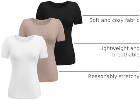 Ficerd 3 Pack Women's Ribbed Short Sleeve T-Shirts