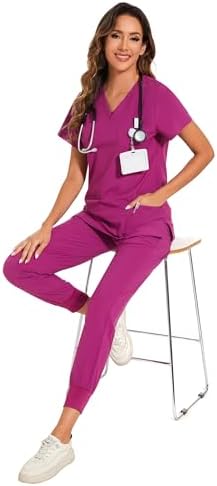 COZYFIT Scrubs for Women Set - Stretch V-Neck & Jogger Pant with 9 Pockets