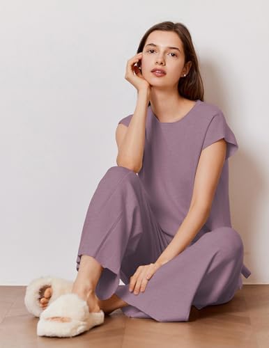 Ekouaer Lounge Sets for Women Two Piece Outfits Knit Cap Sleeve Tops Wide Leg Pleated Pants Casual Dressy Sweater Sets