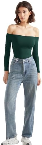 SUUKSESS Women Off Shoulder Long Sleeve Bodysuits Double Lined Basic Tops