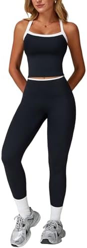 QBGJTD Womens Workout Sets Two Piece Cross Back Tank Top Matching High Waist Leggings Sets Gym Outfits Work Out Clothes