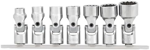 Performance Tool W38980 7-Piece 3/8 in. Drive SAE Flex Socket Set | Sizes 3/8 to 3/4 inch. 12-point design reduces rounding. Chrome vanadium steel. Includes metal socket rail