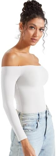 SUUKSESS Women Off Shoulder Long Sleeve Bodysuits Double Lined Basic Tops