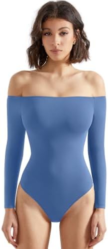 SUUKSESS Women Off Shoulder Long Sleeve Bodysuits Double Lined Basic Tops