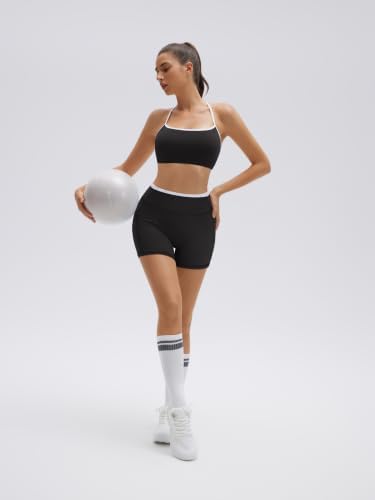 SUUKSESS Women 2 Piece Workout Sets Padded Halter Sports Bras High Waisted Biker Shorts with Pockets