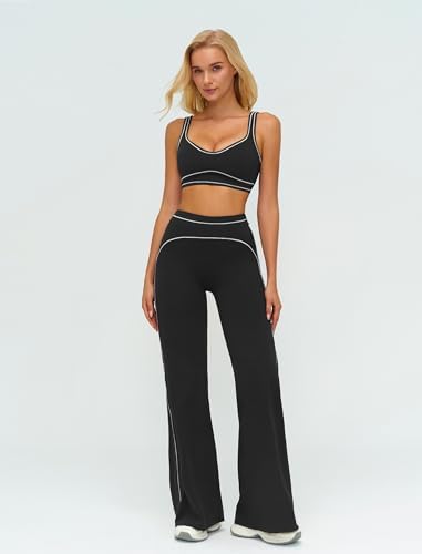 ABOCIW Two Piece Workout Sets for Women Racerback Tank Top Matching High Waist Wide Leg Yoga Pants Pilates Outfits