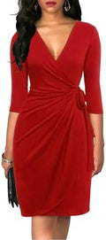 Berydress Women's 3/4 Sleeve V Neck Casual Party Work Faux Black Wrap Dress
