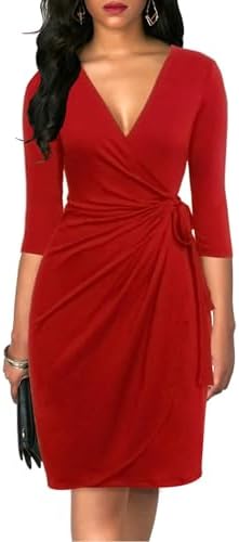 Berydress Women's 3/4 Sleeve V Neck Casual Party Work Faux Black Wrap Dress