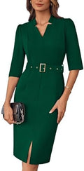GRACE KARIN Women's Work Dress 3/4 Sleeve V Neck Bodycon Dress with Belt