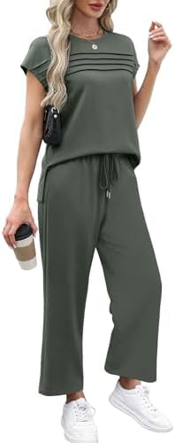 WIHOLL Two Piece Sets for Women Summer Spring Travel Vacation Outfits Cap Sleeve Lounge Matching Sets Wide Leg Pants S-3XL