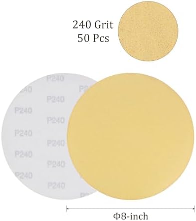 50pcs No Hole Sanding Discs- [ 8 Inch 240 Grit ] Round Hook and Loop Grip Sanding Pads Sheet Sandpaper for Automotive Woodworking Metal Polishing Use| Gold, Aluminum Oxide