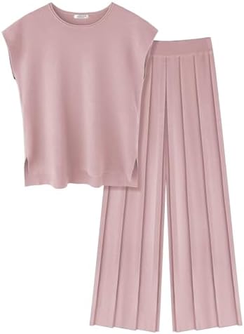 Ekouaer Lounge Sets for Women Two Piece Outfits Knit Cap Sleeve Tops Wide Leg Pleated Pants Casual Dressy Sweater Sets
