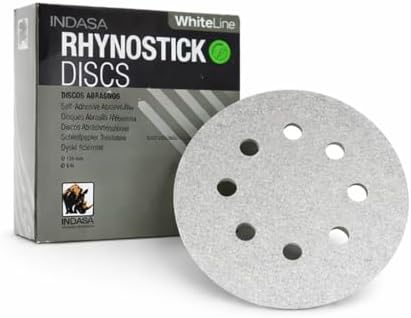 Indasa 5" 8-Hole WhiteLine Rhynostick PSA Sanding Discs (56 Series), Aluminum Oxide Vacuum Sandpaper, 40–400 Grit, Pressure Sensitive Adhesive, 50 or 100 Discs (5 Inch, 8 Holes, 100, Medium)