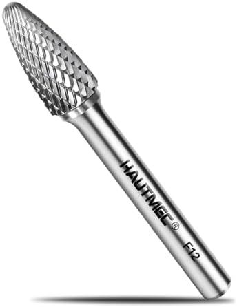 HAUTMEC Tungsten Carbide Rotary Burr Bit YG6, 1/4" Shank Double Cut Die Grinder Bit, Low Vibration Precision Rotary File for Metal Grinding, Engraving & Deburring (12MM Conical), HT0157