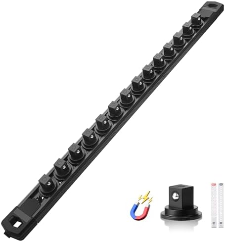 Reniteco Magnetic Socket Organizer, 3/8” Aluminum Alloy Rail, 14 Clips | Heavy-Duty Socket Rails, Removable 360° Swivel ABS Clips, Magnetic Base, Tool Box Drawer or Wall Mount