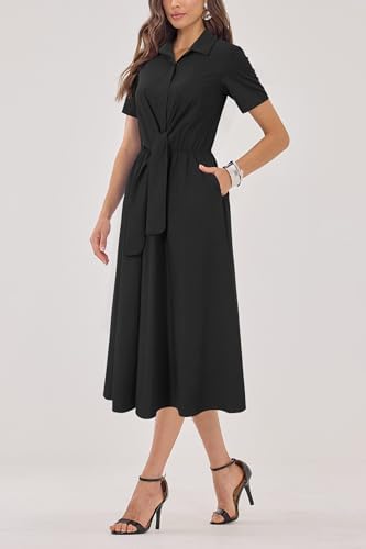 Newshows Women's Work Business Casual Outfits Tie Waist Midi Shirt Dress