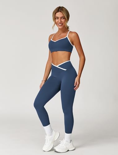 ABOCIW Workout Sets for Women 2 Piece Color Block Strappy Sports Bra High Waist Shorts Gym Yoga Pilates Outfits