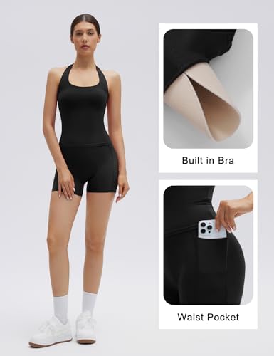 SUUKSESS Women 2 Piece Workout Sets Halter Neck Yoga Tops Gym Biker Shorts