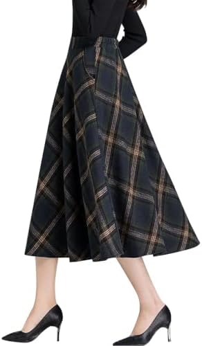IDEALSANXUN Womens Plaid Wool Skirts Elastic Waist A-Line Pleated Tartan Long Skirts
