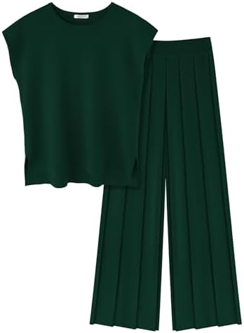 Ekouaer Lounge Sets for Women Two Piece Outfits Knit Cap Sleeve Tops Wide Leg Pleated Pants Casual Dressy Sweater Sets