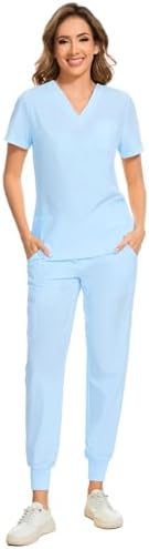 COZYFIT Scrubs for Women Set - Stretch V-Neck & Jogger Pant with 9 Pockets