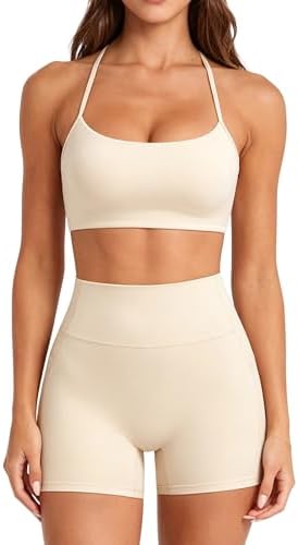 SUUKSESS Women 2 Piece Workout Sets Padded Halter Sports Bras High Waisted Biker Shorts with Pockets