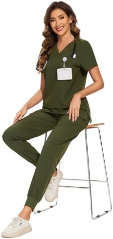 COZYFIT Scrubs for Women Set - Stretch V-Neck & Jogger Pant with 9 Pockets