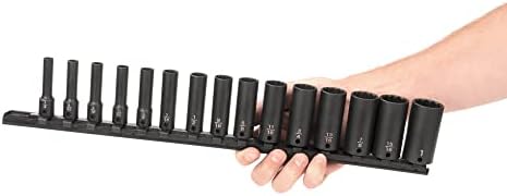 TEKTON 3/8 Inch Drive Impact Socket Set, 15-Piece | SID91113 | (1/4 - 1 in.), Deep, 12-Point, Socket Rail