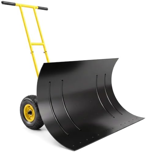 Outsunny Snow Shovel with Wheels, 29" x 18" Metal Snow Pusher, Yellow