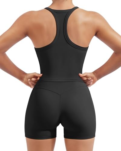 SUUKSESS Women 2 Piece Workout Sets High Waisted Biker Shorts with Pockets Built in bra Racerback Tank Tops